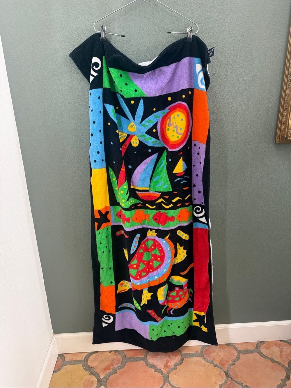 Terri-Torri Colorful Nautical Beach Towel with Sailboat and Sea Motifs NWOT